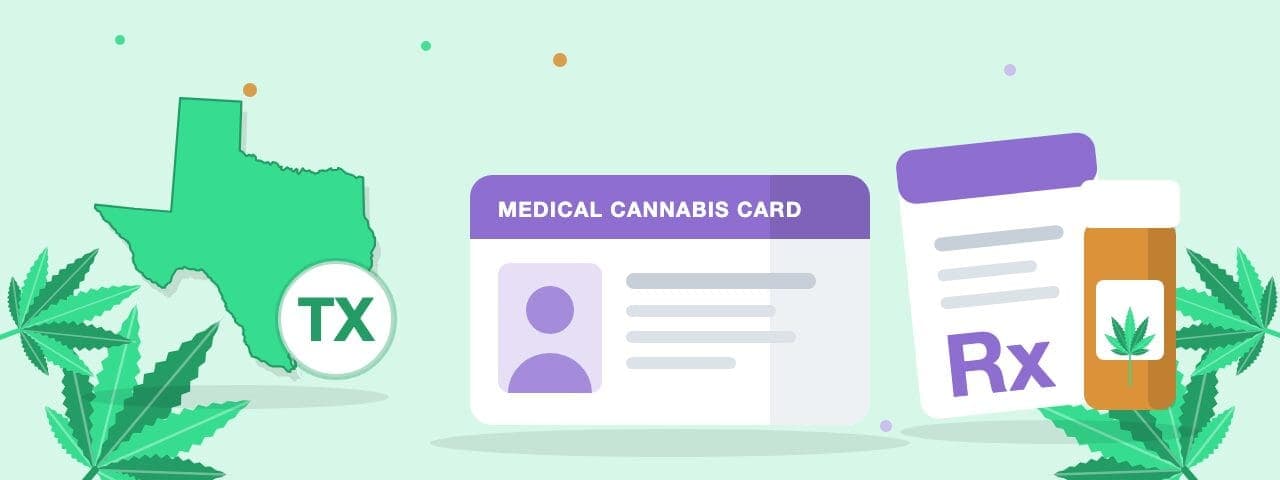 Illustration of the Texas state outline, a medical cannabis card and a prescription pad and bottle for the Texas Compassionate Use Program